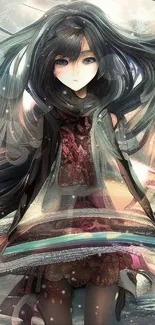 Mystical anime girl with flowing hair and vibrant colors in a fantasy setting.