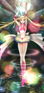 Anime character standing in a cosmic circle, radiating magic and vibrant colors.