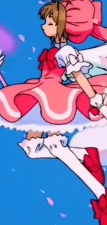 Magical anime girl in colorful dress on sky-blue background.