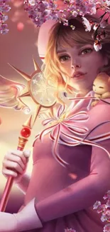 Anime girl with magical staff and cherry blossoms in a fantasy art style.