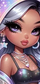 Anime girl with purple hair and jewelry in a sparkling setting.