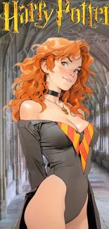 Anime artwork of a witch with orange hair in a mystical corridor setting.