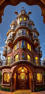 Whimsical building facade under enchanting evening sky with warm lights.