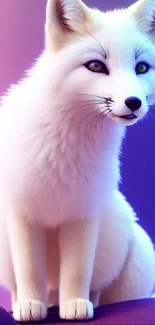 Enchanting arctic fox with glowing fur on a vibrant purple background.