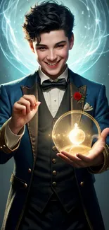 Young magician holding glowing orb with a mystical aura surrounding him in vibrant blue.