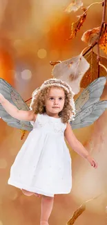 Little fairy with wings in an autumn leaf background wallpaper.