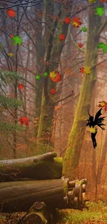 Autumn forest scene with a fairy silhouette and colorful leaves.