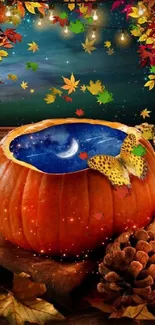 A pumpkin with a moonlit water reflection surrounded by autumn leaves.