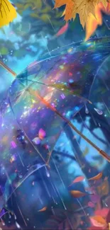 Magical umbrella under autumn rain with colorful leaves.