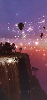 Hot air balloons in sparkling twilight sky over a waterfall.