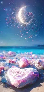 Magical beach with heart stones and moon under a starry sky.