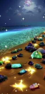 Magical beach with glowing rocks under a starry night sky.