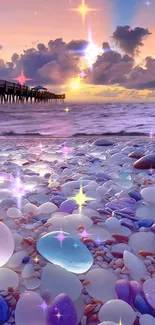 Magical beach sunset with colorful stones and sparkling stars on the shore.