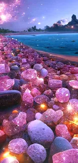 Sparkling pink crystals on a twilight beach with a serene ocean view.