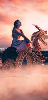 Woman and dragon at sunset on a mystical beach.