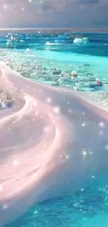 A dreamy beach scene with turquoise water and pink clouds.