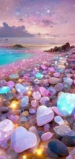 Magical beach fantasy with glowing stones and serene ocean view.