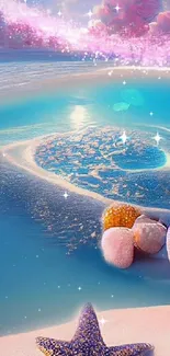 Whimsical beach scene with pink clouds and stones in vibrant colors.