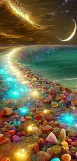 Fantasy beach wallpaper with colorful pebbles and a starry night sky.