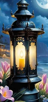 A mystical lantern illuminating a beach with flowers at night.