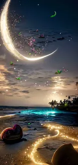 Whimsical crescent moon over beach with glowing magical lights.