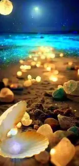 Glowing seashells on a magical beach at night with bioluminescent waves.