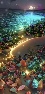 Magical beach with flowers and glowing lights under a night sky.