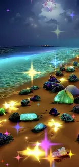 Magical beach at night with colorful glowing rocks and starry sky.