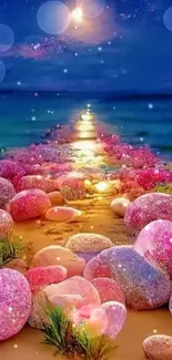 Enchanting beach path with colorful stones under a vibrant sunset.