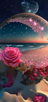 Enchanted rose on a magical beach under a starry night sky.