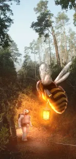 Astronaut meets a glowing giant bee in an enchanted forest scene.