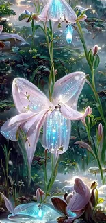 Magical bioluminescent flowers glowing in a serene, mystical forest setting.