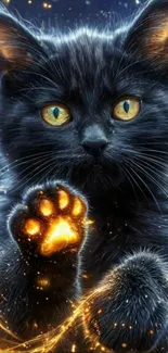 Magical black cat with glowing eyes and sparks mobile wallpaper.