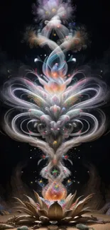 Abstract artwork of a magical bloom with swirling smoke on a dark background.