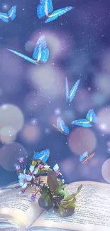 Magical blue butterflies soar over an open book, creating a dreamy atmosphere.