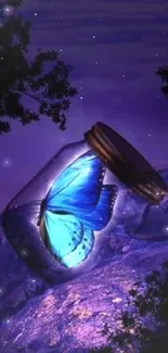 A blue butterfly in a glowing jar on a purple background.