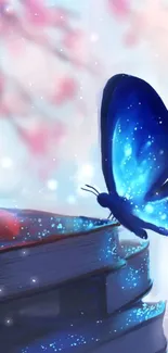 Blue butterfly on mystical books with a dreamy background.