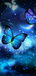 Magical blue butterfly wallpaper with night sky and glowing moon scene.