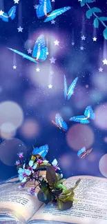 Magical scene with butterflies and an open book in blue hues.