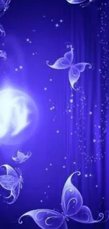 Magical blue butterfly fantasy wallpaper with moonlit background.