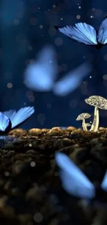 Blue butterflies and mushrooms in a mystical, dark forest setting.