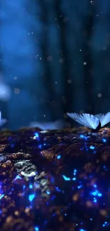 Enchanting scene with blue butterflies glowing in a mystical forest.