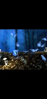 Magical forest with blue butterflies and glowing mushrooms in dark hues.