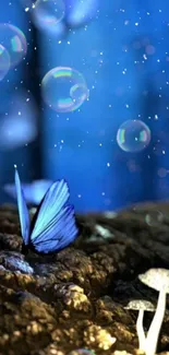 Magical blue butterfly with glowing mushrooms and dreamy bokeh in a forest scene.