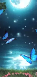 Blue butterflies dance in moonlit night garden.