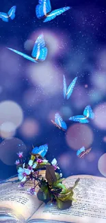 Magical blue butterflies above an open book against a starry night background.