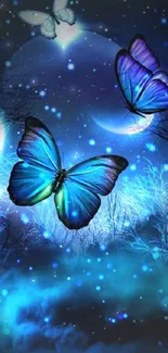 Blue butterflies under a starlit sky with glowing moon, creating a magical scene.