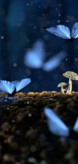 Enchanting blue butterflies and glowing mushrooms in a mystical forest scene.