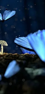 Blue butterflies and glowing mushrooms in a magical scene.