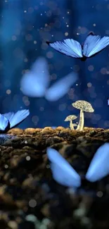 Blue butterflies fluttering over glowing mushrooms in a dark, magical forest setting.